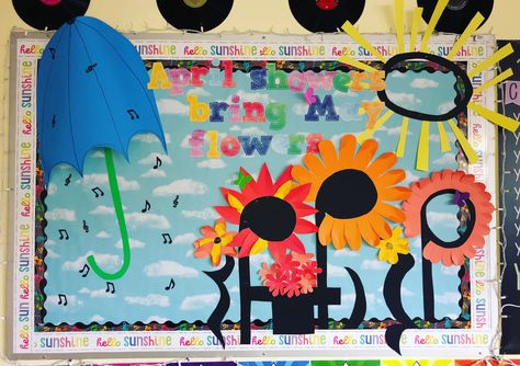 Elementary music bulletin board Spring Music Bulletin Boards, Music Bulletin Board, Music Bulletin Boards, Class Bulletin Boards, Music Classroom Decor, Spring Music, Music Flower, April Showers Bring May Flowers, Music Things