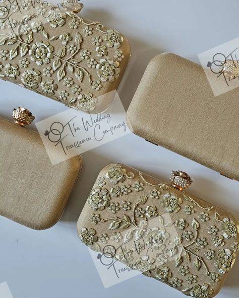 A set of gold on gold clutch bags with rose diamanté clasps ready to gift to some lucky bridesmaids #TheWeddingTrousseauCompany #bridalgifts #bridesmaidgiftideas #willyoubemybridesmaid #bridesmaidproposal #bridesmaids Gold Clutch Bag, Gold Clutch, Will You Be My Bridesmaid, Clutch Bags, Bridal Gifts, Clutch Bag, Gold, Gifts, Quick Saves