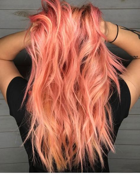 Coral Peekaboo Hair, Sherbet Hair Color, Pink Coral Hair, Coral Hair Color Peaches, Sherbet Hair, Pastel Peach Pink Hair, Bright Peach Hair, Burgundy Blonde Hair, Orange Pink Split Hair