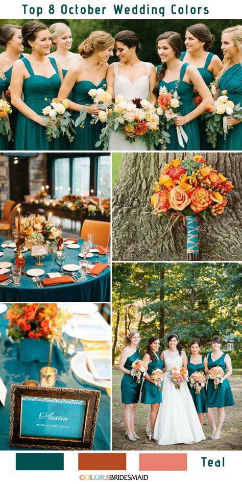 Top 8 October Wedding Colors - Teal Wedding #colsbm #weddings #weddingideas #tealwedding Teal Fall Wedding Ideas, Teal And Coral Fall Wedding, Fall Wedding With Turquoise, Fall Beach Wedding Colors October, Dark Teal Burgundy Burnt Orange Wedding, Turquoise And Orange Wedding, Fall October Wedding, Orange And Teal Wedding, Teal And Orange Wedding