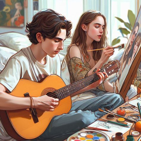 Guitar Draw, Guitar Couple, Couple Poses Drawing, Guitar Boy, Guitar Drawing, Dark Artwork, Cover Wattpad, Life Support, Canvas Painting Diy