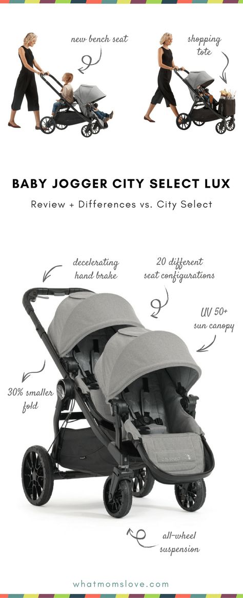 Baby Jogger City Select LUX Review - differences between City Select | Best Double Stroller for infant and toddler - can be used as travel system with car seat, pram and lots of accessories! Double Stroller For Baby And Toddler, Twin Pram Double Strollers, City Select Double Stroller Hacks, Cybex Gazelle Stroller, Twin Strollers With Car Seats, Double Stroller For Infant And Toddler, Baby Jogger City Select Double, Baby Strollers And Car Seats, City Select Double Stroller