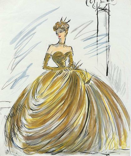 Edith Head Sketches, Edith Head Designs, Edith Head Fashion, Gold Ball Gown, Costume Sketches, Masquerade Ball Gown, To Catch A Thief, Edith Head, Best Costume Design