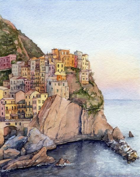 Architecture Painting Ideas, Europe Watercolor Painting, Europe Painting Easy, Watercolor Detailed Painting, Watercolor Art Italy, Amalfi Coast Art, Watercolor Art Buildings, Italy Watercolor Paintings, Location Artwork