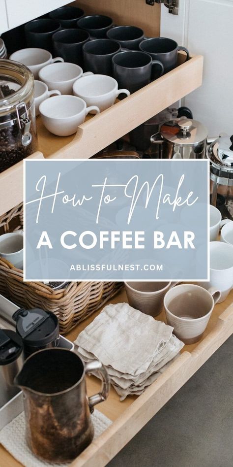 Turn your love for coffee into a stylish home coffee bar! This step-by-step guide shows you how to make a coffee bar that is both functional and aesthetically pleasing. From choosing the perfect coffee maker to organizing your mugs and supplies, this is your go-to resource for creating a coffee lover's dream space. #coffeebarideas #coffeebar #coffeestation Home Beverage Bar, Coffee Bar Cup Storage, What Do You Need For A Coffee Bar, Coffee Station Pot Filler, At Home Barista Bar, Closet Turned Coffee Bar, Apothecary Coffee Bar, Coffee Bar Ideas With Mini Fridge, Ikea Coffee Bar Hack