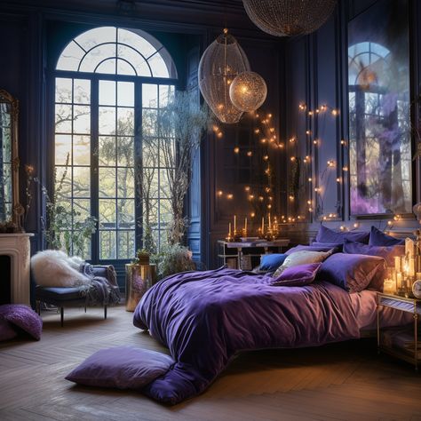 Mystic Bedroom, Deep Purple Bedroom, Arabian Bedroom, Bohemian Style Interior Design, Dramatic Bedroom, Bohemian House Decor, Bedroom Purple, Dream Bedroom Inspiration, Purple Bedrooms