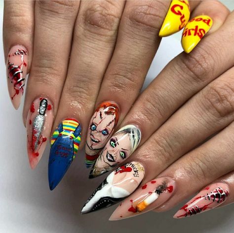 Chucky Halloween, Horror Nails, Holloween Nails, Halloween Manicure, Halloween Nails Easy, Halloween Acrylic Nails, Cute Halloween Nails, Dope Nail Designs, Nails For Kids