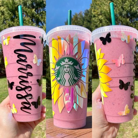 Copo Starbucks, Starbucks Cup Design, Starbucks Cup Art, Sunflower Butterfly, Sunflower Colors, Custom Starbucks Cup, Personalised Gifts For Friends, At Starbucks, Personalised Pens