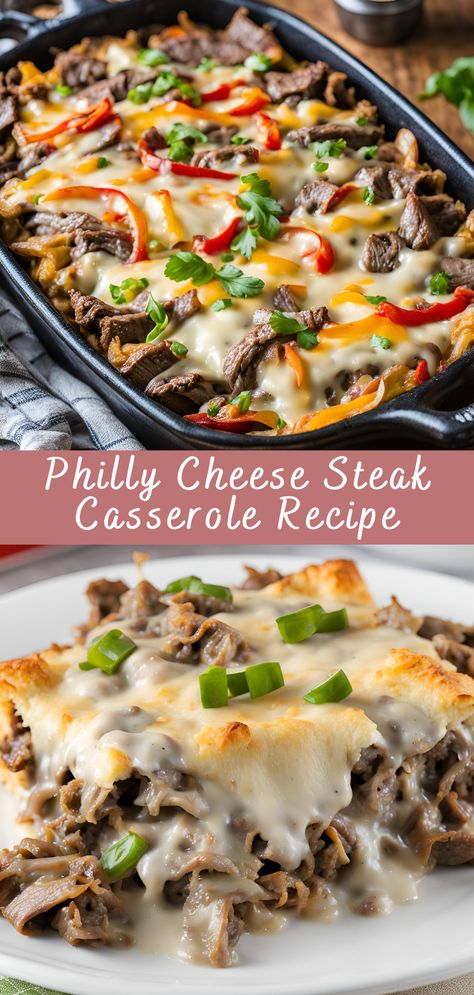 Philly Cheese Steak Casserole Recipe | Cheff Recipes What Meat To Use For Philly Cheese Steak, Philly Cheesesteak In A Bowl, Philly Cheese Steak Dinner, Philly Cheese Steak Over Rice, Philly Steak Peppers, Shaved Beef Steak Recipes Philly Cheese Crockpot, Keto Ground Beef Philly Cheesesteak, Philly Cheese Steak Crock Pot Easy, Philly Casserole Cheesesteak