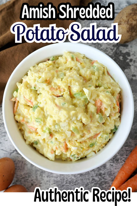 An authentic Amish potato salad recipe that uses shredded and diced veggies to make a delicate potato salad, perfect for serving to a crowd! Walmart Amish Potato Salad Recipe, Hashbrown Potato Salad, Shredded Potato Recipes, Shredded Potatoes Recipes, Shredded Potato Salad, Amish Recipes Authentic, Amish Potato Salad Recipe, Amish Meals, Amish Potato Salad