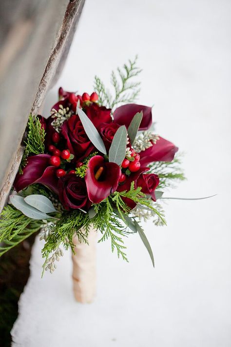 bouquet with red calla lilies berries and roses Cranberry Wedding, Lily Bouquets, Single Flower Bouquet, Wedding Bridesmaid Bouquets, Winter Wedding Bridesmaids, Purple Calla Lilies, Burgundy Bouquet, Bouquet Photography, Cascading Wedding Bouquets