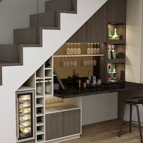 Under Stairs Bar Area | Light Grey With Bronze Mirror Under Stairs Bar, Bar Area In Home, Overbed Storage, Small Walk In Wardrobe, Fitted Sliding Wardrobes, Wall Mounted Tv Unit, Peninsula Kitchen, Glass Wardrobe, Small Dressing Table