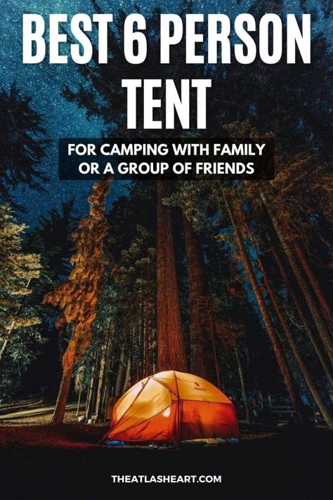 An orange tent illuminated at night in a redwood forest, with the text overlay, "Best 6 Person Tent." 6 Person Tent, Tent Camping Hacks, Best Tents For Camping, Cabin Tent, Family Tent Camping, Cool Tents, Family Tent, Dome Tent, Luxury Tents