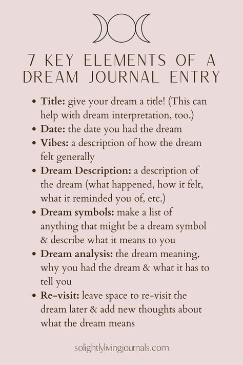 pink background, black text, title & bullet pointed list; top of image outline of full moon with a crescent moon on either side How To Remember Dreams, Dream Analysis, Dream Psychology, Journal Business, Journal Tips, Understanding Dreams, Aura Quotes, Dream Diary, Dream Dream