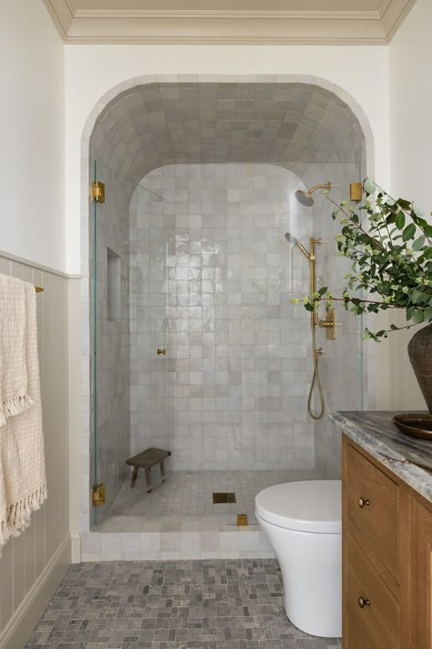 Timeless Sophistication Breathes New Life Into This Expansive Builder-Grade Home · Haven Bathroom Tiles Combination, Walk In Shower Ideas, Shower Tile Ideas, Timeless Bathroom, Shower Floor Tile, Lakefront Homes, Bathroom Inspiration Decor, Girls Bathroom, Dream House Interior