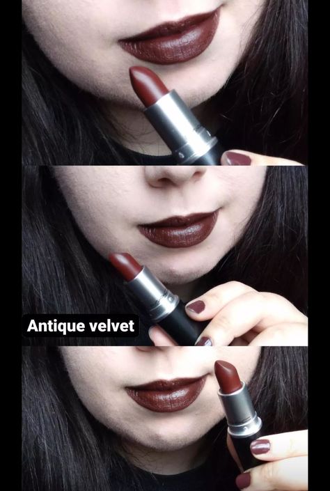 It's a beautiful chocolate brown lipstick. Super elegant, sophisticated, gothic and mysterious. Finish matte, comfortable. Antique Velvet Mac Lipstick, Dark Brown Lipstick Makeup, 90s Brown Lipstick, Brown Lipstick Looks, Brown Red Lipstick, Chocolate Brown Lipstick, Brown Lipstick Makeup, 90s Lipstick, Dark Brown Lipstick