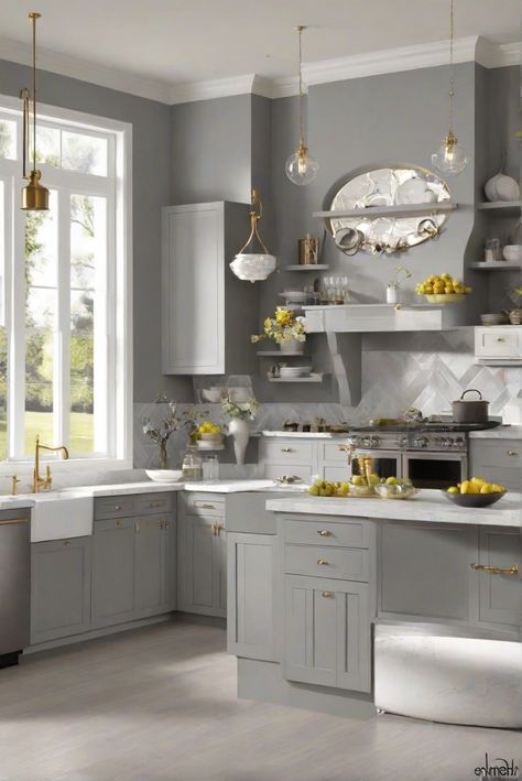 home decorating, home interior design, space planning, interior bedroom design Light Grey Kitchen Walls, Grey Wall Kitchen, Grey Cabinets Kitchen, Kitchen Wall Color, Light Grey Kitchen, Grey Kitchen Walls, Light Oak Floors, Light Grey Kitchens, Gray Painted Walls