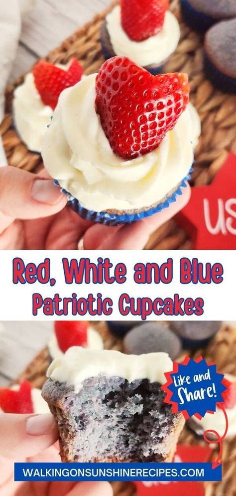 Homemade red, white and blue cupcakes are made with blueberry cake batter topped with cream cheese frosting and a juicy red strawberry! Red White And Blue Cupcakes, White And Blue Cupcakes, Easy Impressive Dessert, Homemade Vanilla Cake, Blueberry Cake Recipes, Blueberry Pie Filling, Blue Cupcakes, Cupcake Wars, Recipes With Few Ingredients