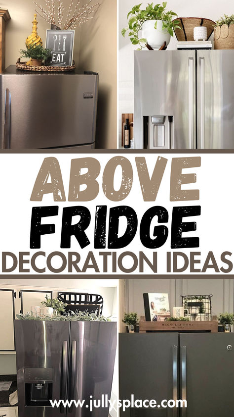 Above fridge decoration ideas Above Fridge Decor No Cabinets, Floating Shelf Above Fridge, Gap Above Fridge, Styling Above Refrigerator, Modern Farmhouse Kitchen Cabinet Decor, Decorate On Top Of Fridge, Decor Top Of Fridge, Floating Shelves Above Refrigerator, Open Shelving Above Refrigerator