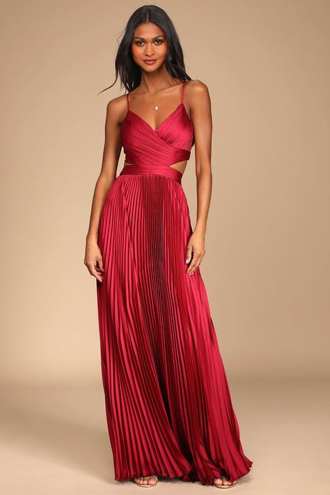 Fall Weddings as a Guest — Main Blog Red Dress For Bridesmaid, Red Velvet Formal Dress, Pleated Formal Dress, Formal Wedding Guest Dress Classy, Satin Maxi Dresses, Dresses For A Gala, Red Formal Maxi Dress, Red Formal Dresses Long, Make Your Own Prom Dress