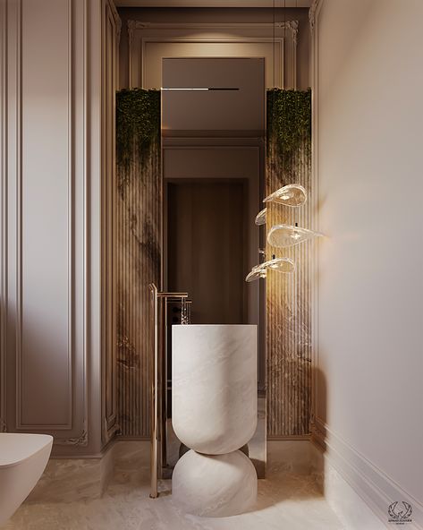 A Neo-Classic bathroom that provides timeless luxury. The beige wall panels form an elegant backdrop, which is enhanced with a dramatic stand-alone golden faucet and a stylish stone sink. This beautiful mix emanates subtle grace and timeless charm.

#NeoClassic #BathroomDesign #BeigeElegance #GoldenFaucet #StoneSink #neoclassicBathroom #luxuryBathroom Neo Classical Bathroom, Neoclassical Bathroom, Modern Classic Bathroom, Classical Bathroom, Elegant Bathroom Design, Elegant Backdrop, Bathroom Interior Design Modern, Modern Luxury Bathroom, Neoclassical Design