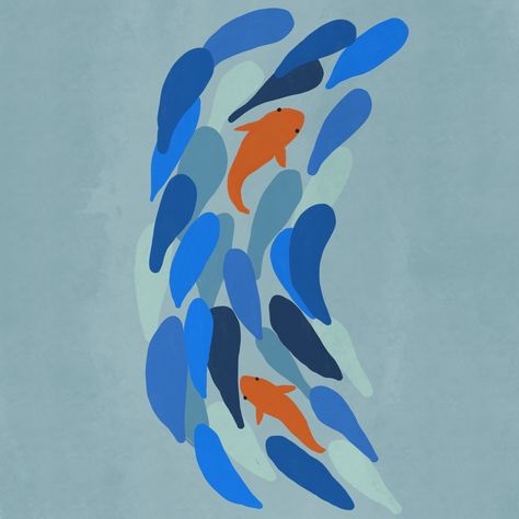 Blue and orange koi fish swim in a curved school. Orange Koi Fish, Ipad Widgets, Orange Koi, Koi Fish Drawing, Just Keep Swimming, Fish Illustration, Fish Drawings, Keep Swimming, Fish Swimming