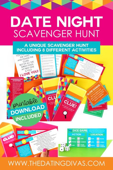 A unique scavenger hunt for your next date night! In this scavenger hunt date night, flexible clues lead to envelopes with unique and fun date night activities! Do the activity together before moving on to the next clue. Eight printable activities included in the download. #datenight #scavengerhuntprintables #scavengerhuntdatenight #scavengerhunt Date Night Scavenger Hunt, Scavenger Hunt Date, Date Night Activities, Couples Game Night, Date Night Games, Night Activities, The Dating Divas, Dating Divas, On To The Next