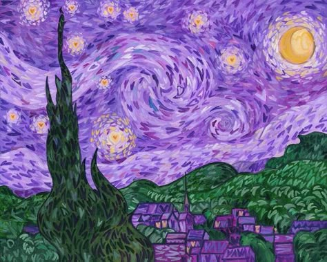 Stary Nights Paintings, Gogh The Starry Night, Purple Painting, Starry Night Art, Starry Night Painting, Arte Van Gogh, Wallpaper Purple, Cute Canvas Paintings, The Starry Night