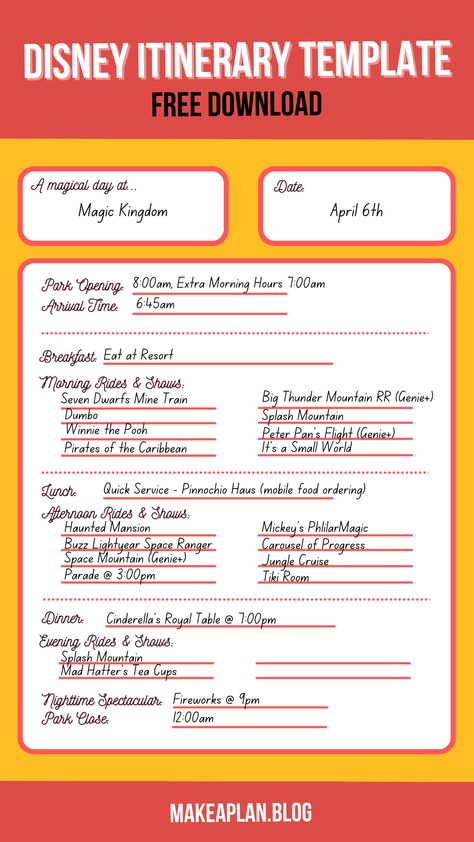 Disney Itinerary Template, Disney Itinerary, Itinerary Template Free, Disney World Itinerary, Cinderella Royal Table, Seven Dwarfs Mine Train, Royal Table, Disney Printables, Vacation Itinerary