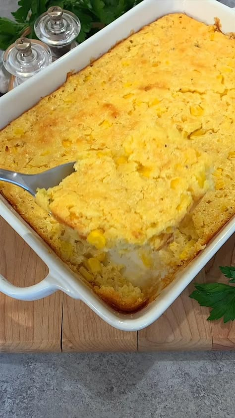 A clear bowl with all of the ingredients added and mixed together. Transferred to a white baking dish and baked until golden and fluffy. Serving spoon scooping a serving out. Baked Corn Casserole Easy, Sweet Corn Casserole Jiffy, Sweet Corn Bake, Spicy Corn Casserole, Corn Casserole Jiffy, Baked Corn Casserole, Corn Bake, Sweet Corn Casserole, Easy Corn Casserole