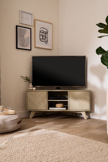 Dark Anderson Oak Effect Corner TV Stand Tv Stand Corner Living Room, Cosy Tv Corner, Corner Tv Stand Small, Corner Tv Styling, Tv Corner Decor, Corner Tv Stand Styling, Corner Tv Living Room Layout Couch, Corner Tv Unit Living Room, Angled Tv Living Room Layout