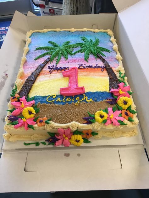 Hawian Cake Ideas, Hawaii Themed Cakes Hawaiian Birthday, Luau Cookie Cake, Hawaiian Sheet Cake, Luau Birthday Party Cake, Summer Themed Cakes Ideas, Simple Tropical Cake, Hawaiian Theme Cake Luau Birthday, Beach Theme Sheet Cake