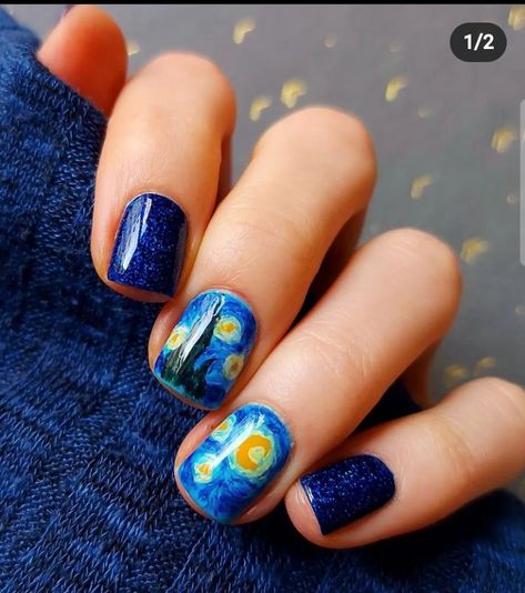 Van Gogh Nail Art, Book Inspired Nails, Van Gogh Nails, Detailed Tattoos, Sunflower Nails, Cute Simple Nails, His Style, Popular Characters, Cute Nail Art Designs