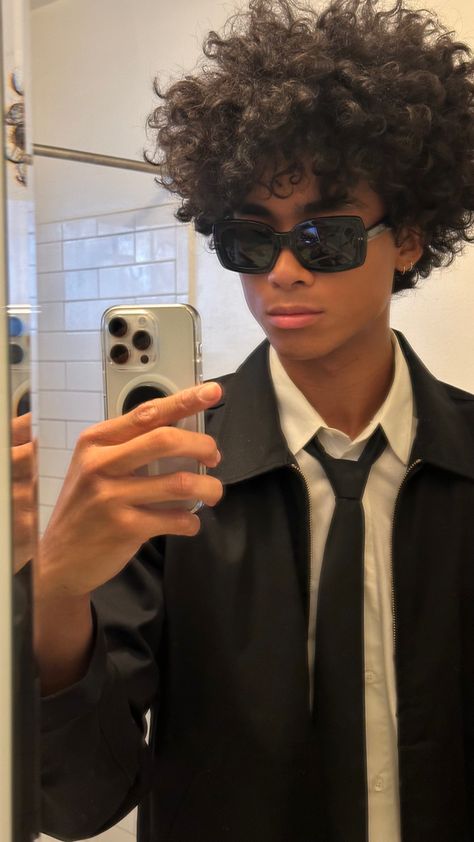 Wearing Lexxola Sunglasses, Stella McCartney collared shirt, Dickies Eisenhower Jacket, and a tie Blasian Guy Aesthetic, Dye Ideas For Curly Hair, Eisenhower Jacket Outfit, Dickies Eisenhower Jacket Outfit, Tying Hair Pose Reference, Lexxola Sunglasses, Curly Hair Black Men, Hair Ribbon Hairstyles, Short Curly Hair Men