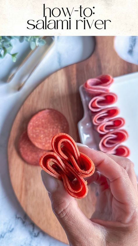 Kim Charon | Charcuterie & Things LLC | How-to: SALAMI RIVER 1️⃣Prepare the Salami: Start by folding each salami slice in half, with the rounded edge facing up. 2️⃣Create the... | Instagram Salami River, Salami Rolls, Salami Recipes, Washing Your Hands, Flowing River, Food Boards, Food Handling, Catering Ideas Food, Charcuterie Inspiration