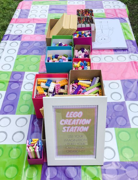 Kara's Party Ideas Bright & Colorful Girl LEGO Party | Kara's Party Ideas Lego Girls Birthday Party, Girls Lego Party, Lego Themed Cake, Block Decorations, Lego Friends Birthday Party, Lego Party Decorations, Pastel Theme Party, Cake Lego, Lego Friends Birthday