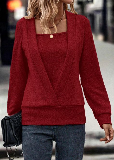 Fake 2in1 Wine Red Square Neck Sweatshirt | Rotita.com - USD $22.98 Lacey Clothes, Plus Size Long Sleeve Tops, Trendy Tops For Women, Sweatshirt Style, Tunic Sweatshirt, Dress Stores Online, Women Shirts Blouse, Trendy Tops, Plus Size Casual