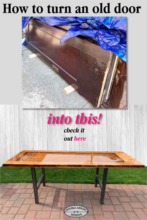 What a transformation! Taking these old reclaimed door and transformed into a one of a ind dining table. All set for my neighbors new house in Tennessee! #repurposed #diyfurniture #upcycle Outdoor Table Made From Old Door, Door To Table Diy, Old Door Table Top, Dining Table Made From Old Door, Old Door Desk, Vintage Doors Repurposed, Old Door Tables, Door Dining Table, Wood Closet Doors