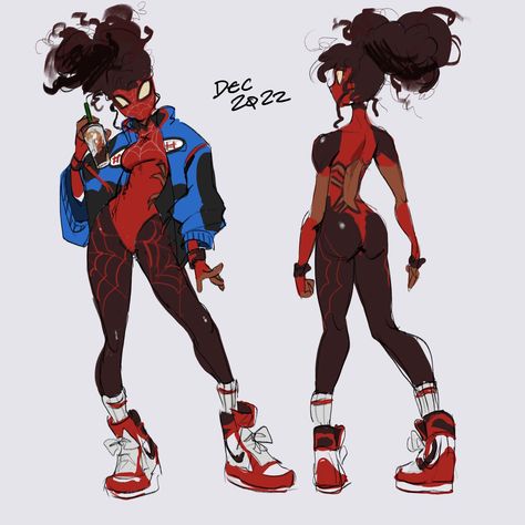 Upside Down Spiderman Pose, Spidey Suit Design, Spidersona Character Design, Spider Man Suits Design Oc Female, Black Spiderwoman Oc, Spider Man Oc Art, Spider Sonas Drawings, Spidersona Outfit Ideas, Spidersona Black