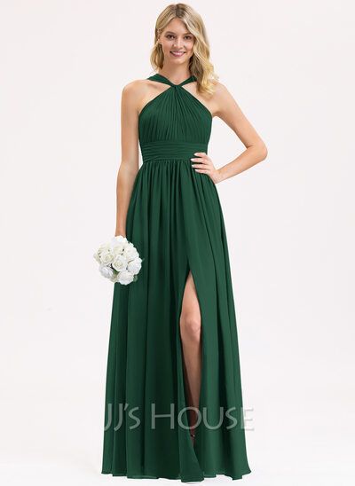 A-Line V-neck Floor-Length Chiffon Bridesmaid Dress With Ruffle Split Front (007206462) - JJ's House Dark Green Bridesmaid Dress, Lace Chiffon Bridesmaid Dress, Wedding Evening Party, Perfect Bridesmaid Dress, Floor Length Chiffon Bridesmaid Dresses, Lace Bridesmaids, Evening Party Gowns, Green Bridesmaid, Chiffon Evening Dresses