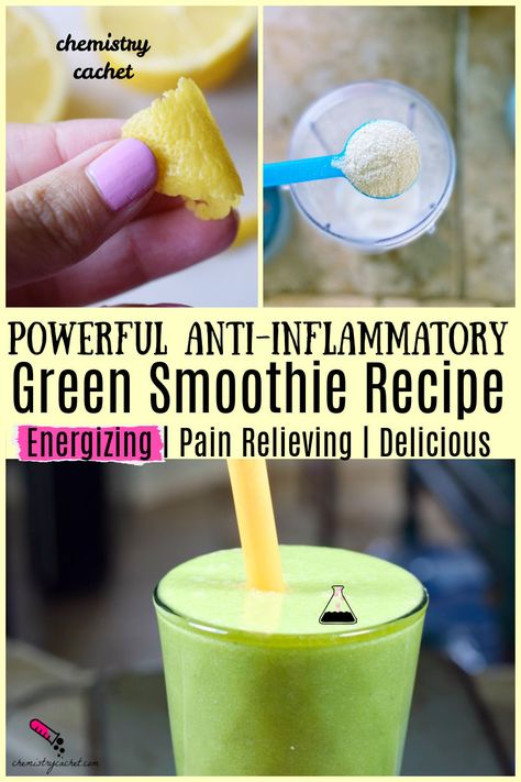 Want a delicious smoothie recipe that helps with inflammation, pain, but also gives you a ton of energy? Try Chemistry Cachet's green smoothie recipe! Great for rheumatoid arthritis pain too Anti Inflamatory Smoothie, Inflammation Smoothie, Natural Smoothies, Green Shakes, Anti Inflammation, Anti Inflammation Recipes, Yummy Smoothie Recipes, Diy Drinks, Smoothie Drink Recipes