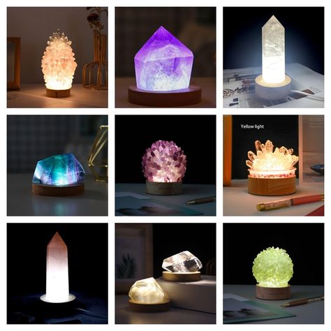 Crystal Night Light, Ideas Bedroom Decoration, Nightstand Design, Lamps Ideas, Rock Candle, Crystal Lamps, Working Desk, Salt Room, Traditional Table Lamps