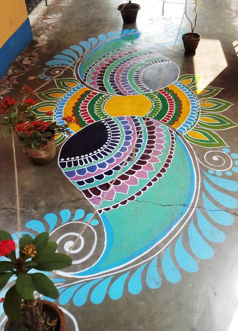 Alpona design using paint Colourful Alpona, Paint Rangoli Designs On Floor, Painting Rangoli Design, Fence Painting, House Ceiling, Alpona Design, Fake Glasses, Painted Clothing, Iron Man Art