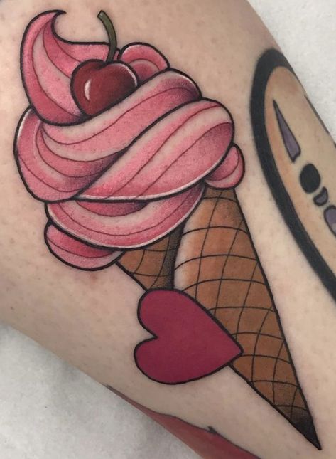 Strawberry Milkshake Tattoo, Neotraditional Knee Tattoo, Traditional Ice Cream Tattoo, Dessert Tattoo Ideas, Cherries Tattoos, Ice Cream Cone Tattoo, Sweets Tattoo, Pink Heart Tattoo, Dessert Tattoo