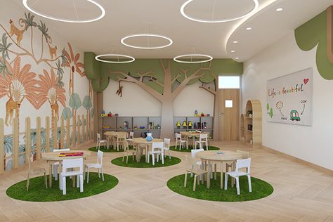 Kindergarten Interior Design Classroom Ideas, Kids Daycare Design, Playschool Decoration Ideas, Kids Classroom Interior, Kindergarden Interiors, Kindergarten Interior Design Classroom, Play School Decor Ideas, Kindergarten Design Interior, Modern School Interior