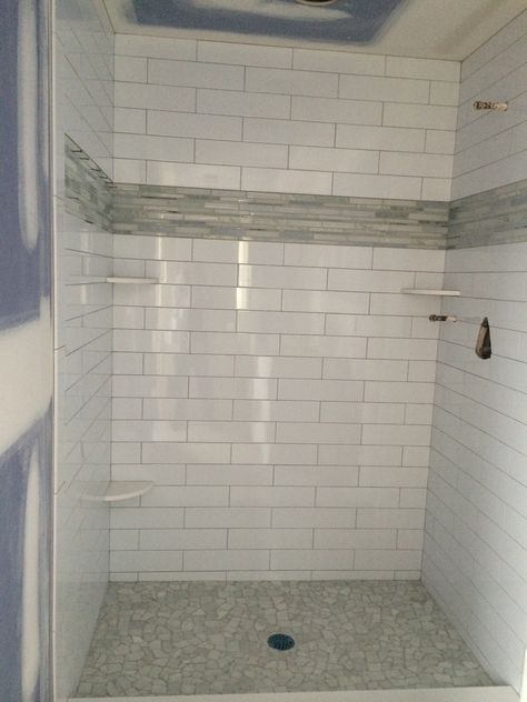 River Rock Shower Ideas, Shower With River Rock Floor, Rock Shower Ideas, River Rock Floor, River Rock Shower, Rock Shower, White Subway Tile Bathroom, River Design, Rock Floor