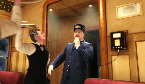 "The Polar Express" movie still, 2004.  Tom Hanks as the Conductor.  This memorable scene introduced the song "Hot Chocolate". Polar Express Conductor, Polar Express Movie, Daryl Sabara, Polar Express Party, Polar Express Train, The Polar Express, School Songs, Holiday Lessons, Josh Hutcherson