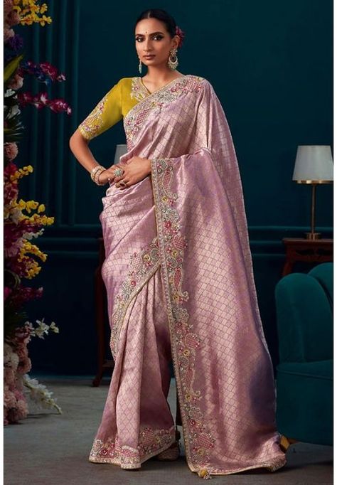 Onion Pink Pure Banarasi Kanjivaram Silk Embroidered Saree Anarkali Lehenga Gowns, Kanchi Saree, Contemporary Saree, Saris Indian, Best Indian Wedding Dresses, Indian Designer Sarees, Gaun Fashion, Indian Wedding Dresses, Stitch Clothes