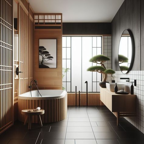 Japandi Bathroom Ideas: Zen Meets Modern Style - Mojo Boutique Bathroom Zen Style, Japandi Bathroom Ideas, Japanese Inspired Bathroom, Bathroom Zen, Japandi Bathroom, Japanese Spa, Zen Bathroom, Bathroom Vanity Designs, Scandinavian Bathroom