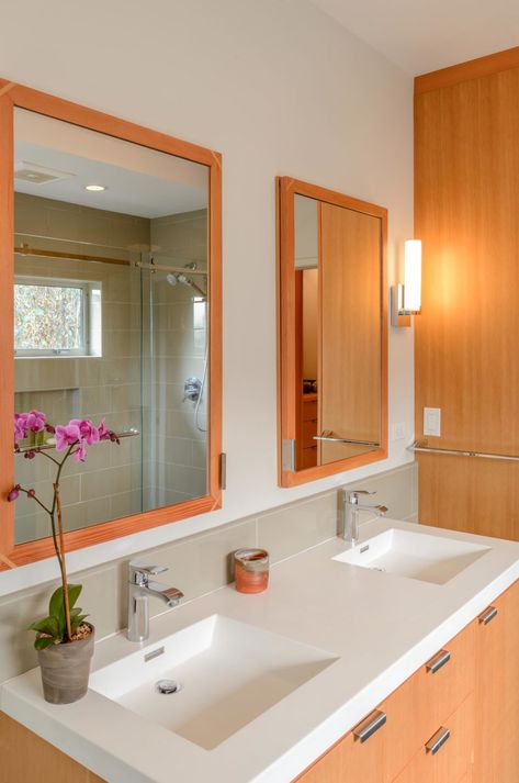 We turned two small bedrooms and two small bathrooms into an elegant master suite, complete with a full bathroom and three walk in closets for our client. Park Bathroom, Master Suite Remodel, Contemporary Toilets, Ada Bathroom, His And Hers Sinks, Seattle Homes, Modern Farmhouse Bathroom, Modern Masters, Bathroom Remodeling